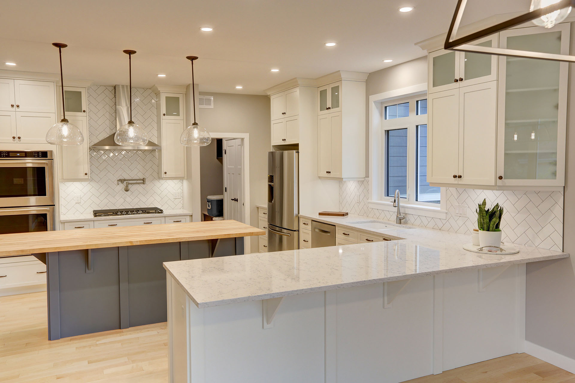 White Maple Kitchen Cabinets with Gray Island