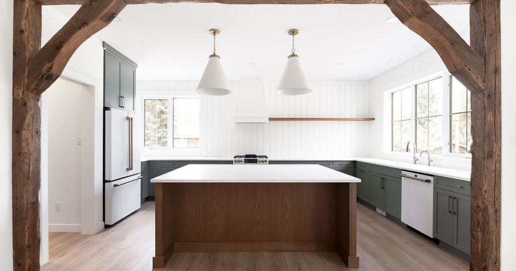 Modern farmhouse kitchen Regina with exposed wood beams archway two-tone shaker cabinets