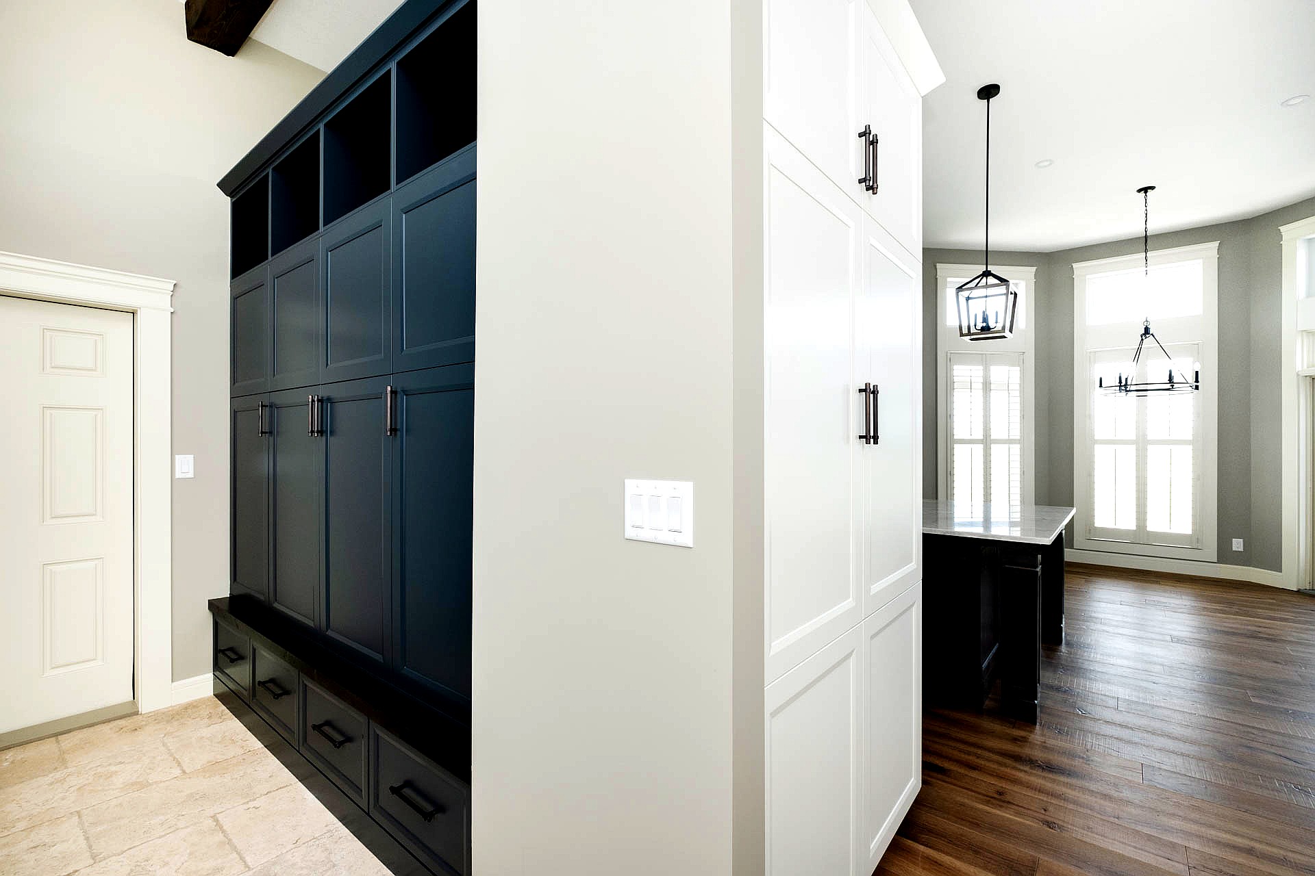 Mudroom with Blue Cabinets and Cubbies