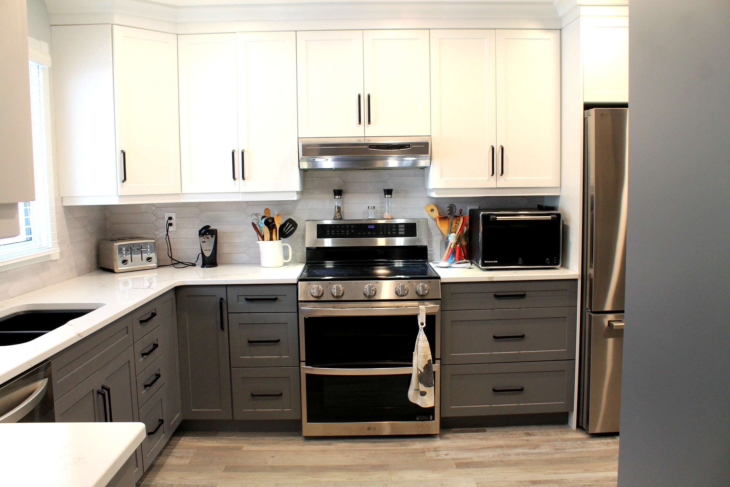Two Tone Kitchen with White Cabinets and Grey Cabinets